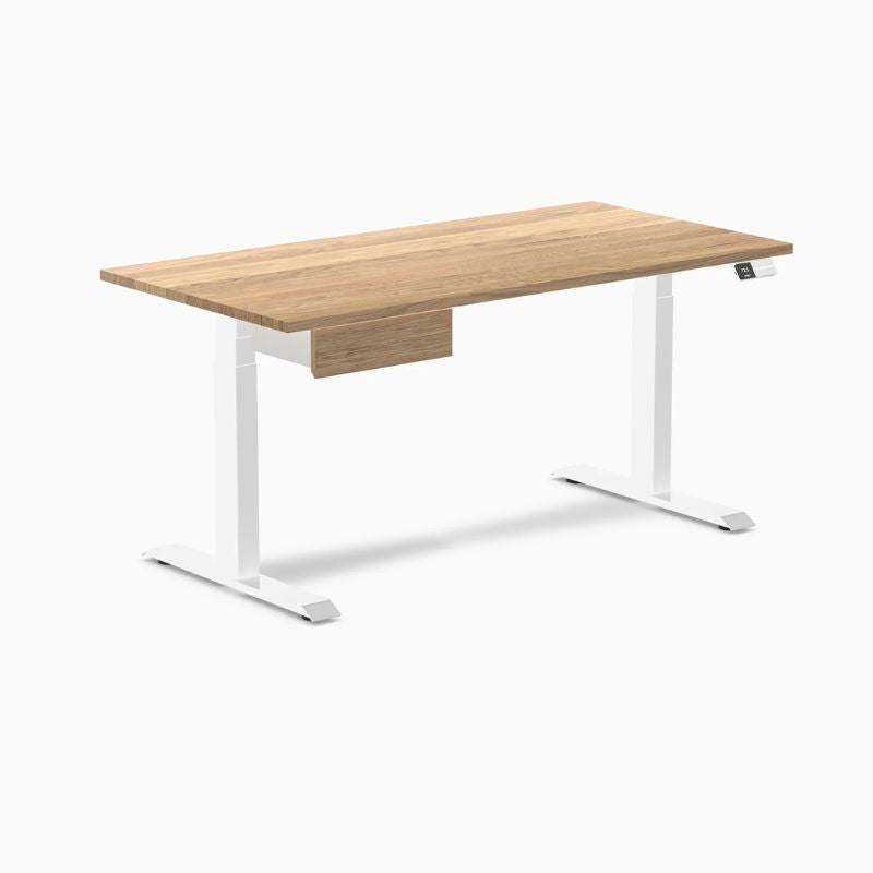 Desky Dual Hardwood Standing Desk With Drawer - White Oak Top White Frame