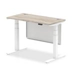 Air Height Adjustable Slimline Desk With Cable Ports With Steel Modesty Panel - grey oak / white Frame