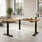Lavoro Advance Corner Triple-Motor Standing Desk Natural Oak & Black Frame Studio Photography