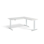 Lavoro Advance Corner triple-motor standing desk, white frame and light grey desktop; pictured size representative