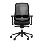 Lavoro Storr ergonomic office chair, front view, black mesh back and fabric seat