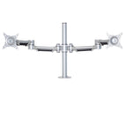 Lavoro Twin Monitor Arm in silver with two adjustable VESA plates on a central pole