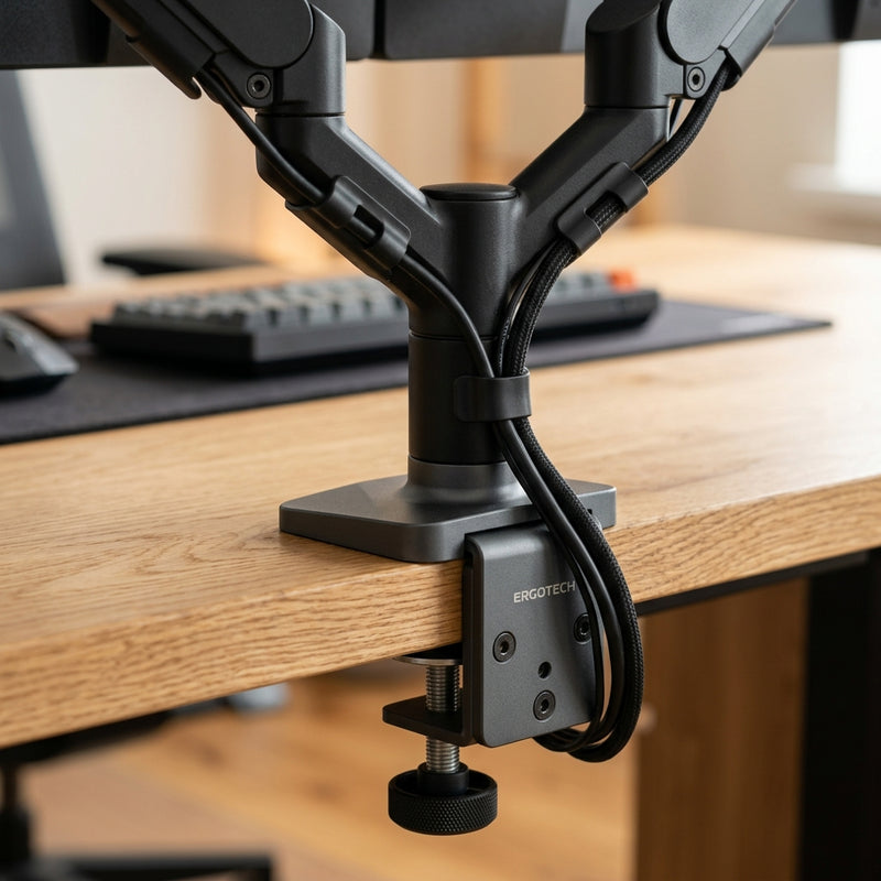 Discreet concealed cable routing clips with heavy-duty desk clamp & grommet base