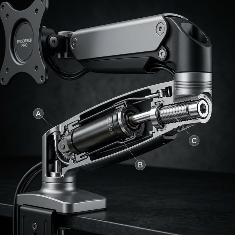 Precision counterbalanced gas strut for weightless 3D screen positioning